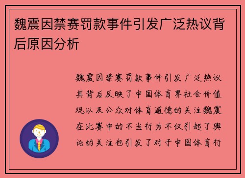 魏震因禁赛罚款事件引发广泛热议背后原因分析 魏震因禁赛罚款事件引发广泛热议背后原因分析