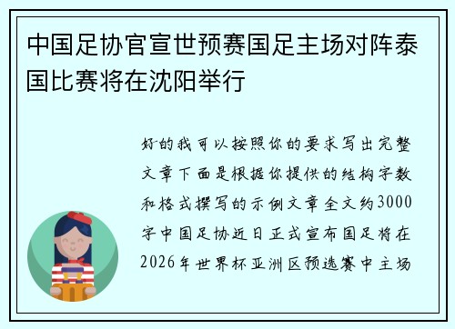 中国足协官宣世预赛国足主场对阵泰国比赛将在沈阳举行